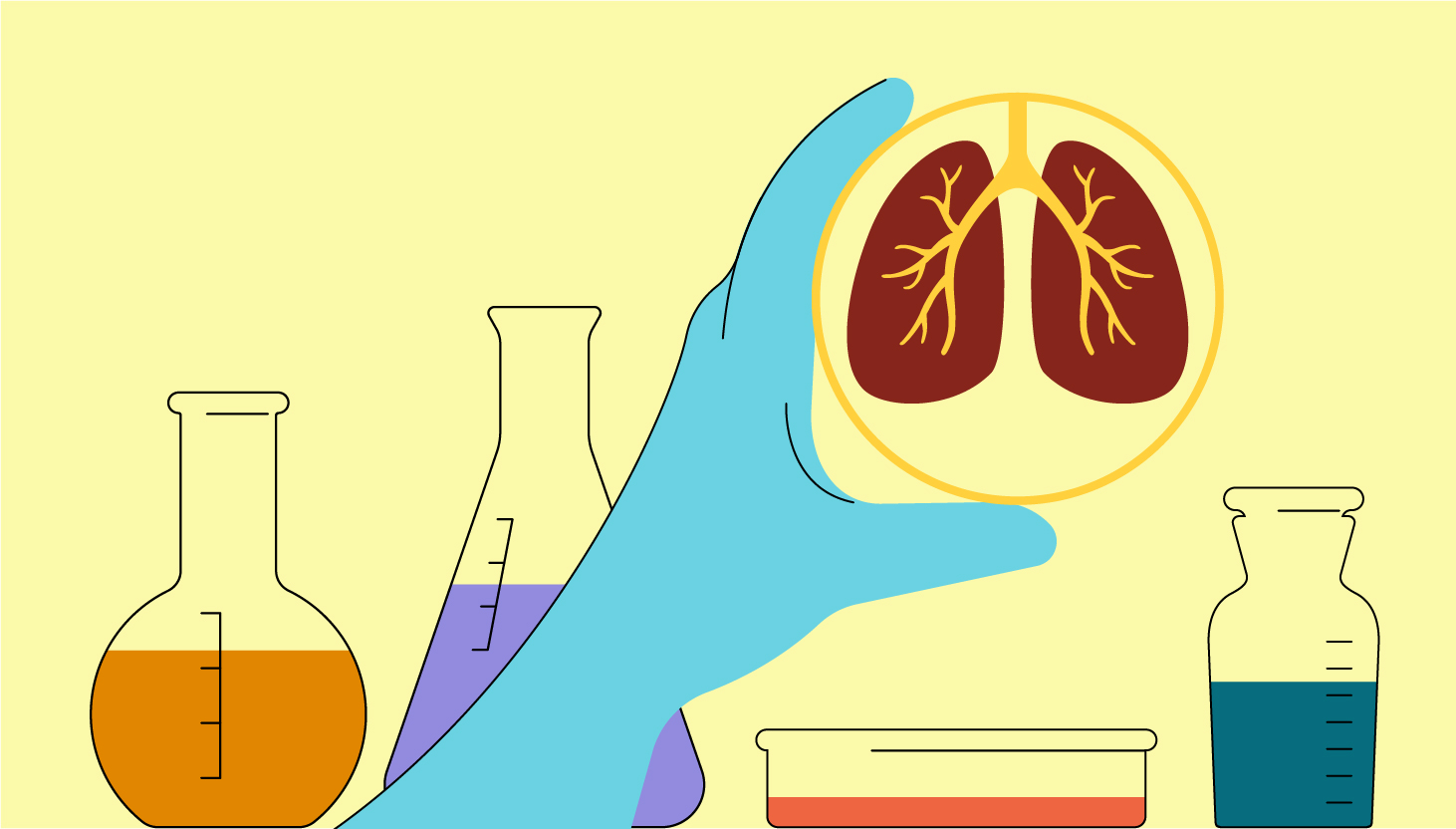 Illustration of researcher inspecting a pair of lungs