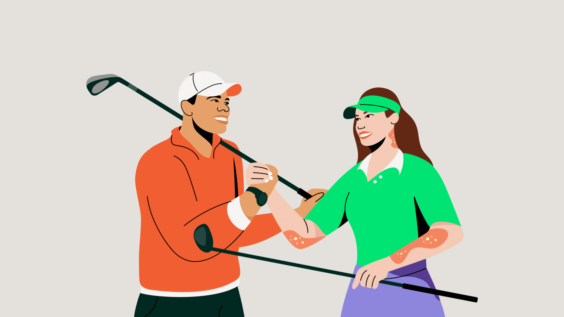 The illustration shows two golfers greeting each other by shaking hands.  One of the golfers is showing physical symptoms of generalized pustular psoriasis..