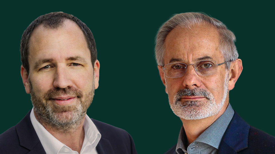 Collage of two headshots from two men in front of a dark green background