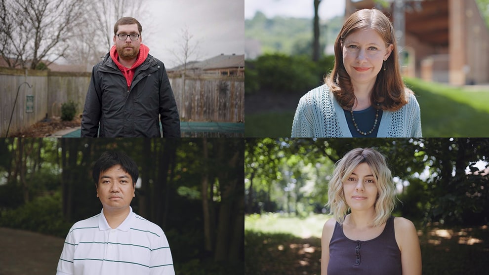 A collage of four images, each showing a different person looking directly at the camera, two men and two women. Each person depicted in the image has experienced schizophrenia and shares their story in this page.